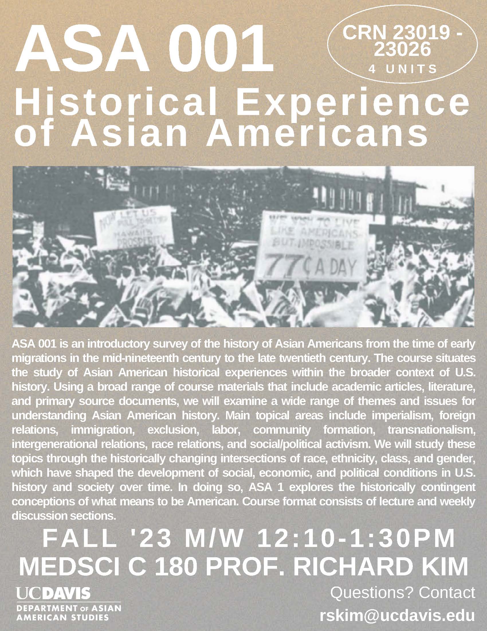 ASA 1 Historical Experience of Asian Americans course flyer for Fall 2023