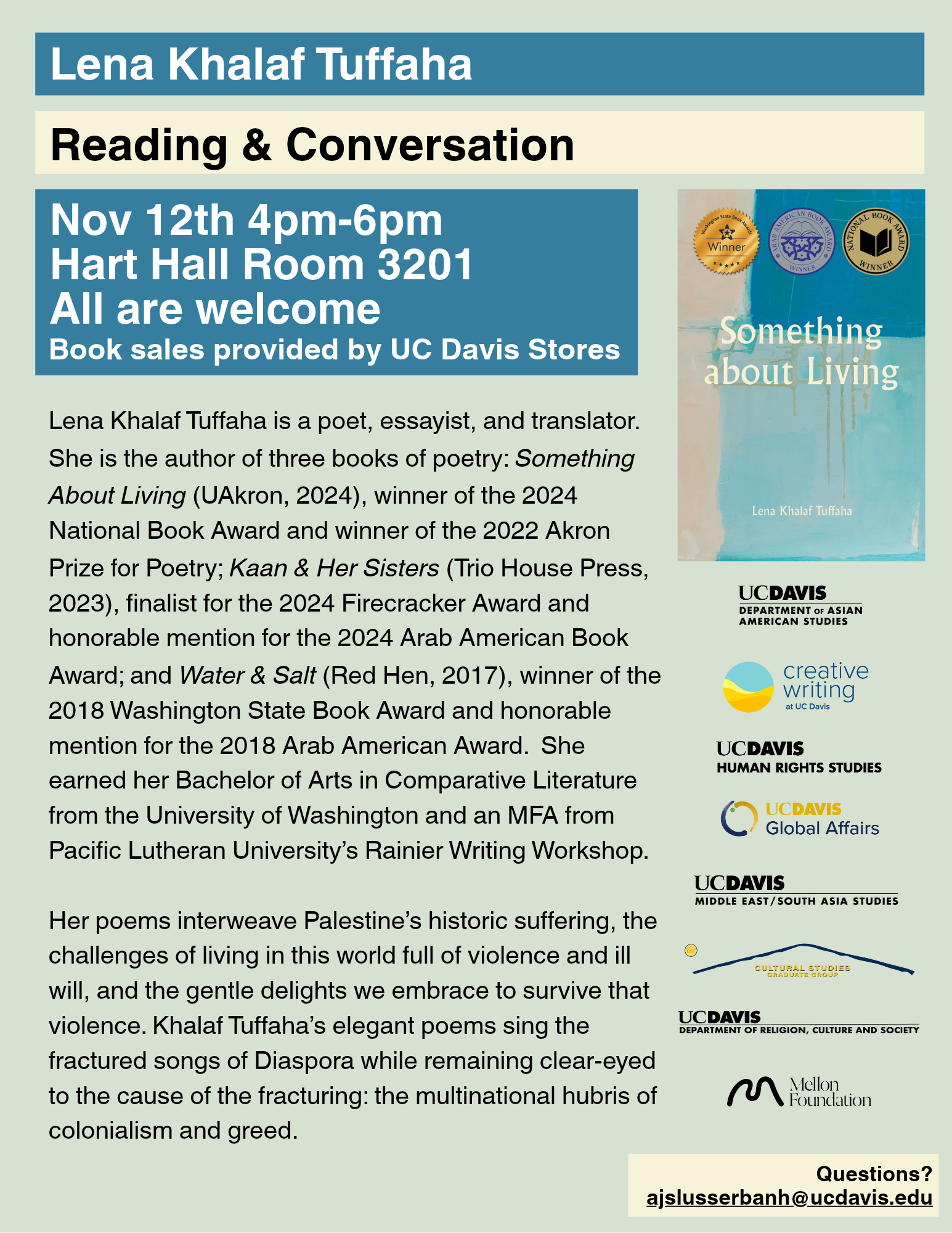 Event flyer: Lena Khalaf Tuffaha reading and conversation, blue-green layout with yellow accent