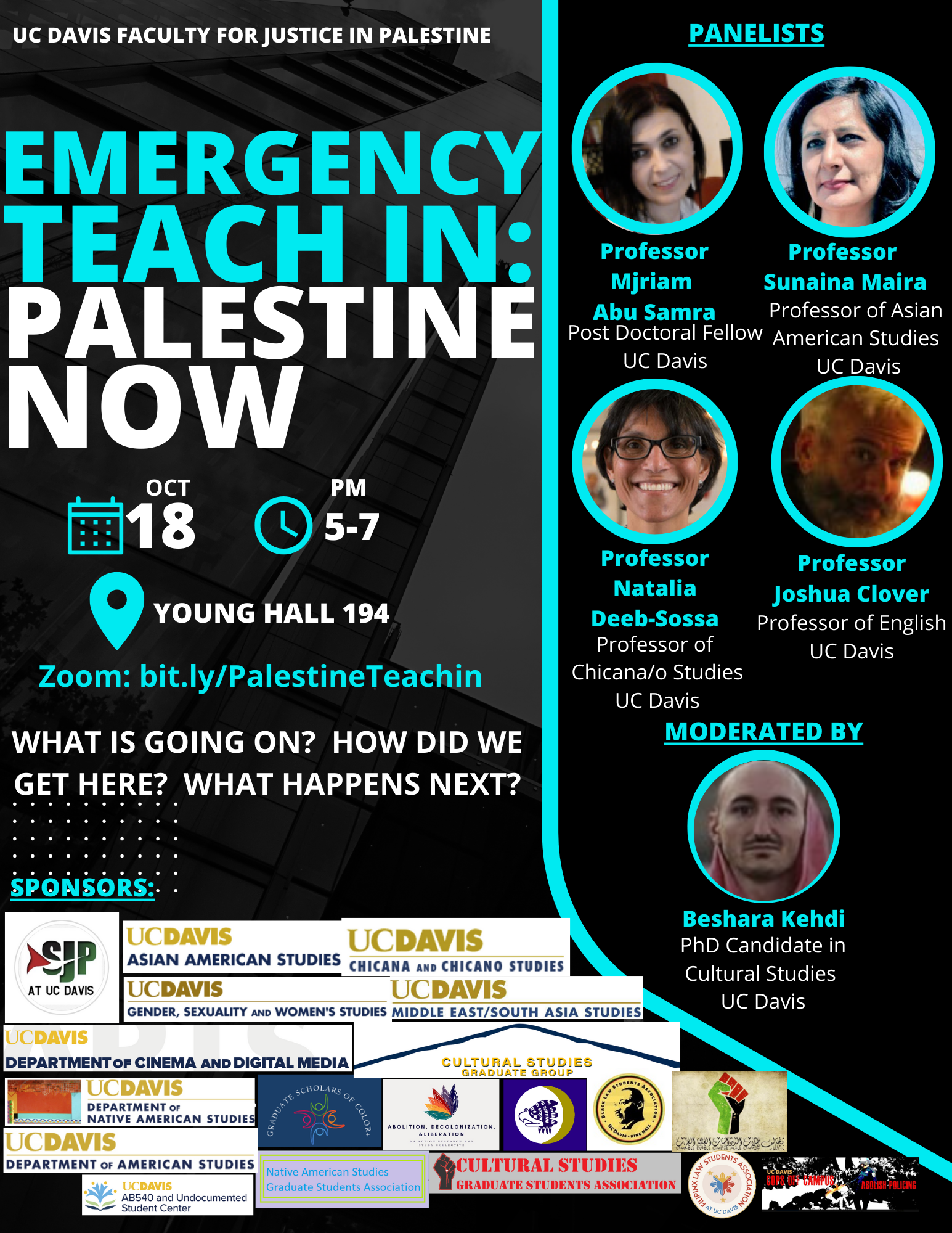 Emergency Teach In Palestine Now Event Flyer Wednesday 5-7pm at Young Hall 198